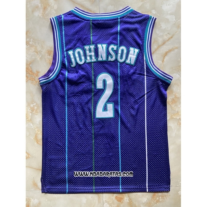 Camiseta Nino Charlotte Hornets Larry Johnson #2 Mitchell & Ness 1992-93 Violeta